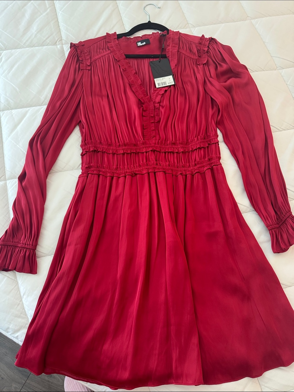 The Kooples Red Pleated Long Sleeve Ruffled Dress